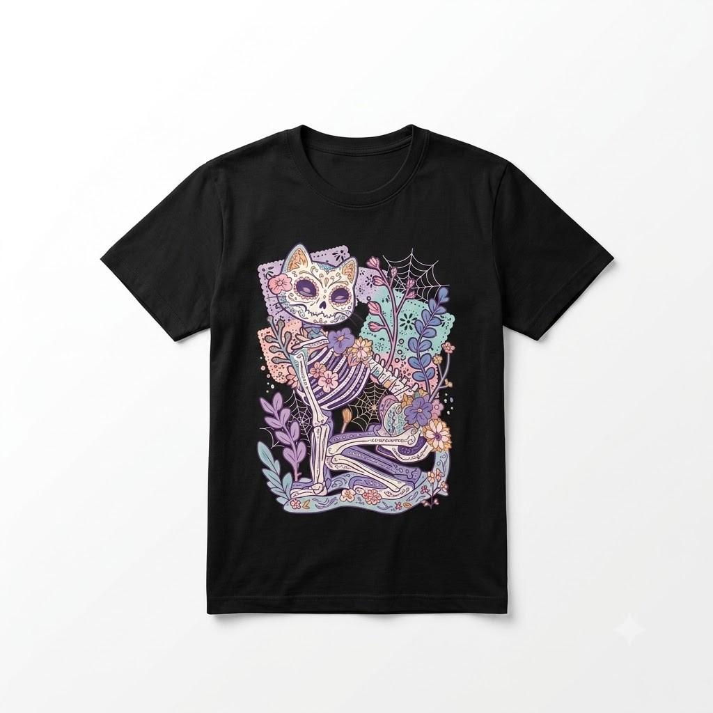 Pastel Goth Cat Skeleton Graphic Halloween Black T Shirt Gift For Friends