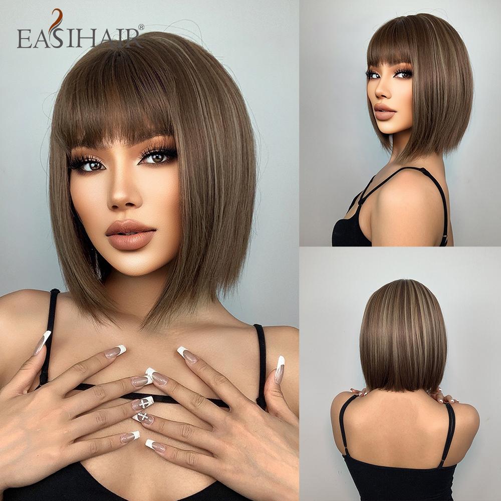 EASIHAIR Пепельно-русый короткий бобо с пробором посередине синтетические натуральные парики волнистые с челкой для женщин повседневный косплей термостойкое волокно