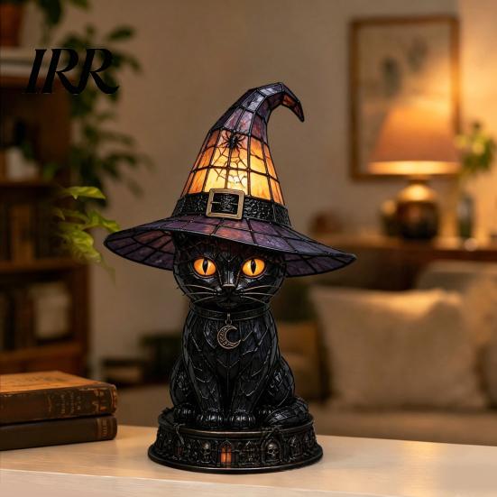 Mystical Ambient Light Halloween Witch Cat Night Light, Resin Table Lamp with Warm Gothic Bedroom Glow, Home Decor for Shelf, Spooky Gift