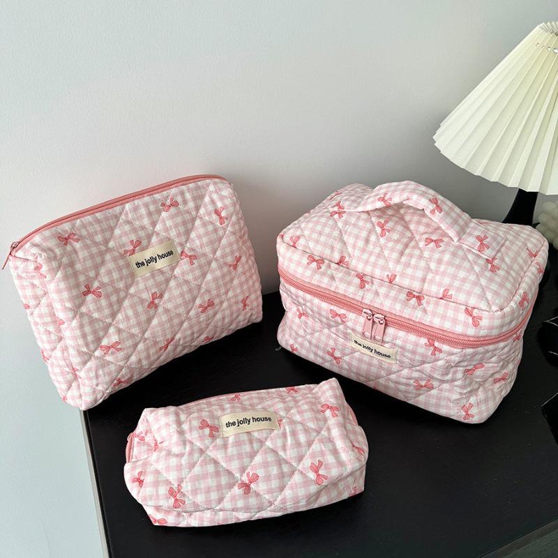 Girly Plaid Bow Makeup Bag - Large Capacity & Portable Handbag for Skincare Storage
