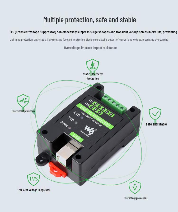 Промышленный изолированный USB-преобразователь в RS485/RS422 с множественными схемами защиты; Поддерживает настенный и рельсовый монтаж.