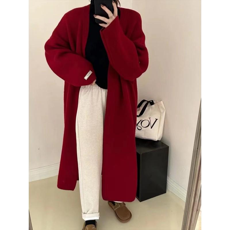 Женский oversized длинный вязаный кардиган-свитер свободного кроя с V-образным вырезом, зимний теплый повседневный верх