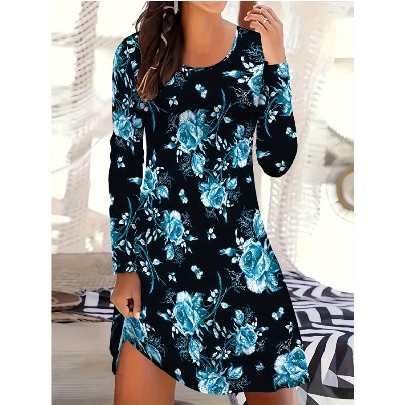 Autumn Winter Dress, Women'S Long Sleeve Round Neck T-Shirt Dress, Digital Floral Print Dress, Fashion Casual Long Dress