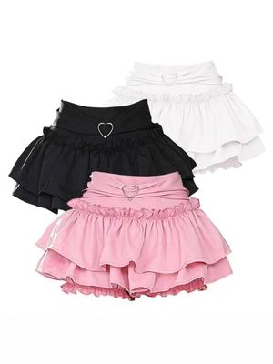 Розовая мини-юбка А-силуэта с оборками в форме сердца - Милая, пикантная, пышная, стройнящая для весны, лета, осени