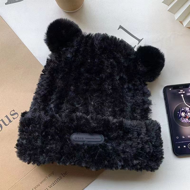 A New Cute Bear Ears Plush Hat Warm Ear Protection Wool Hat Winter Versatile Knitted Hat