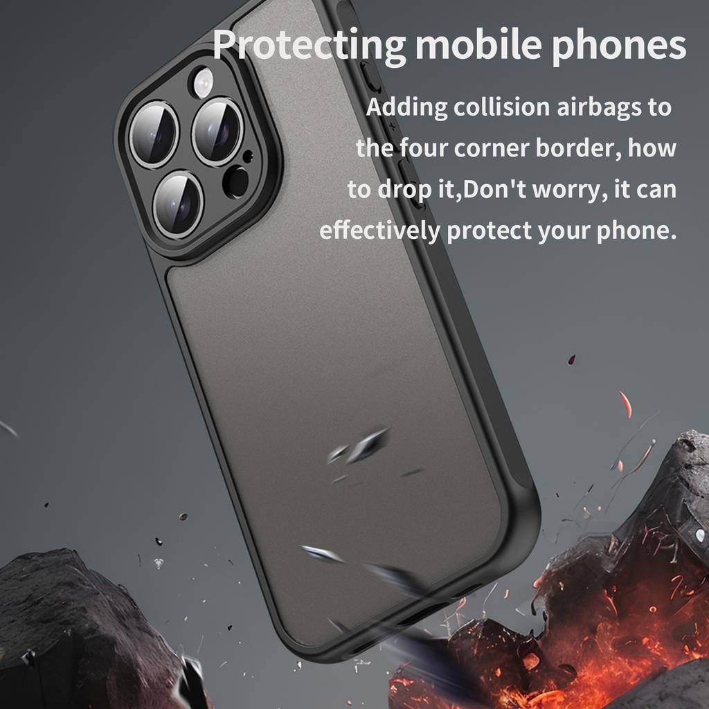 For iPhone 15 Pro Case Drop Proof Airbags Frosted Translucent PC+TPU Phone Back Cover
