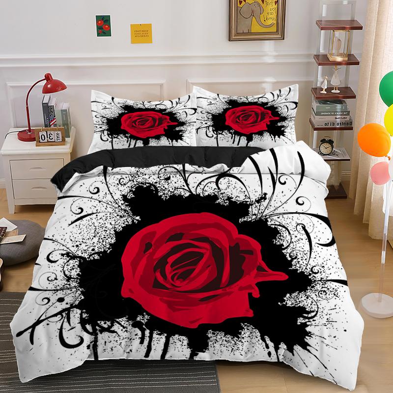Красный пододеяльник с изображением розы, короля и королевы, ко Дню святого Валентина, свадебный комплект постельного белья с цветочным принтом для пары, 2/3 предмета, полиэстеровое одеяло с рисунком в виде сердца и цветов
