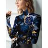 Women's elegant all-over black and blue flower print crossover pullover long-sleeved top