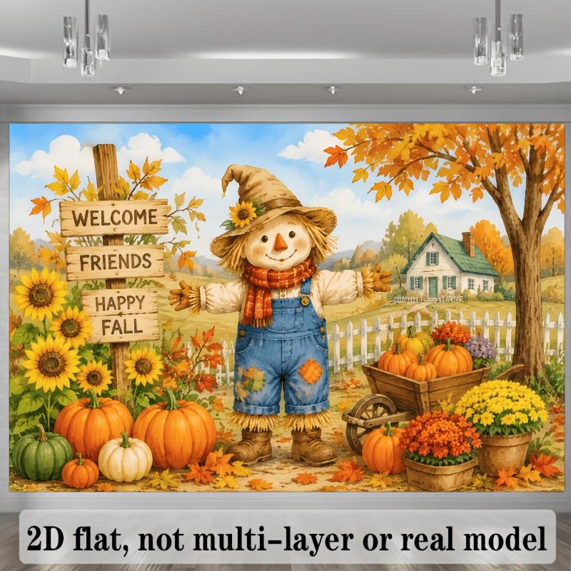 2D plane, autumn harvest theme background fabric, scarecrow theme, with pumpkins