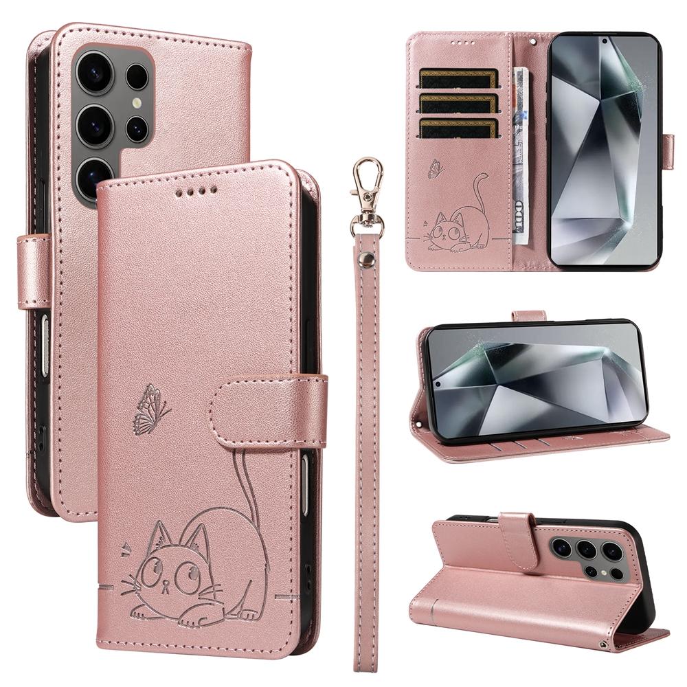 Magnetic Leather Wallet Flip Case for Samsung Galaxy S25 S24 S23 S22 S21 S20 Plus Ultra FE | Cat & Butterfly Embossed Design