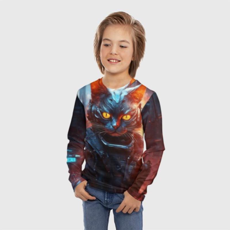 Children's Cartoon Lively Kitten Print Multi-color T-shirts Boys Cute Long Sleeved Soft Comfortable Top