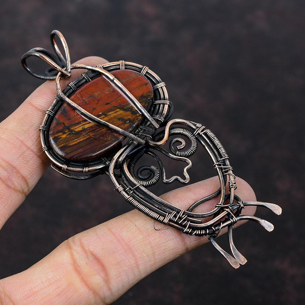 Красная яшма «змеиная кожа» кулон, обмотанный медной проволокой, кулон из натурального драгоценного камня, дизайнерский кулон ручной работы, медные украшения, подарок для мамы