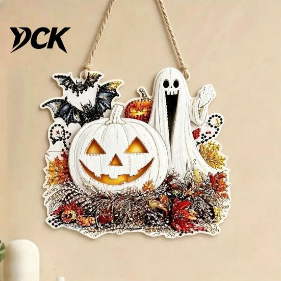 Indoor Wall Hanging Vintage Wooden Halloween Welcome Door Hanger, Pumpkin Ghost Skull Witch Front Porch Decoration Sign, Farmhouse Decor for