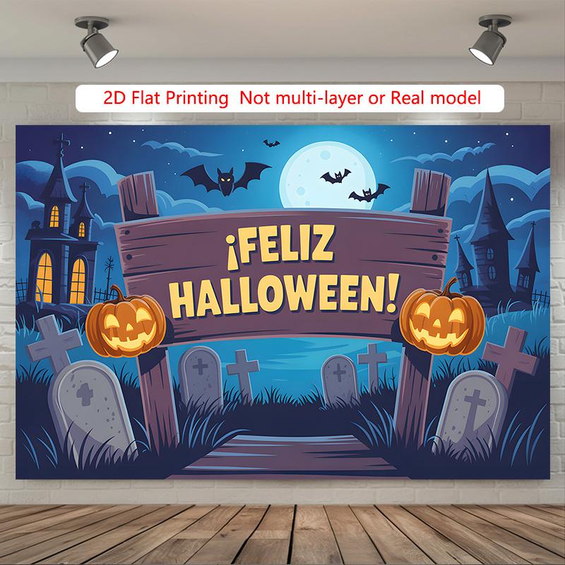 Party Backdrop Halloween Castle Flat Spooky Night Scene Graveyard Pumpkins Bats Event Photo Background Outdoor Party Decor