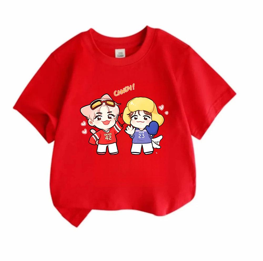 Kids Boys Girls 100% Cotton Crew Neck Short Sleeve T-Shirt, Cute Cartoon Chibi Idol Couple Print Casual Soft Summer Tee, Lovely Candy Pattern Breathab
