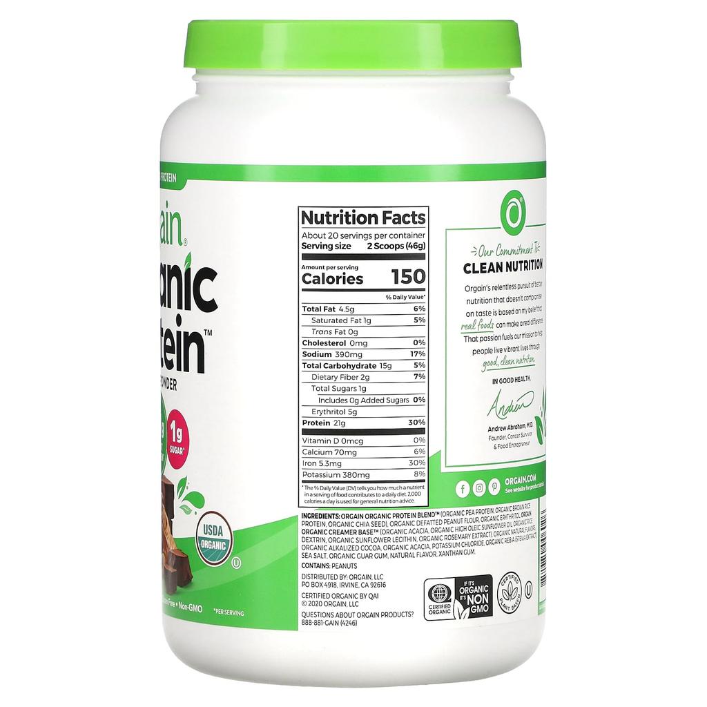 Orgain Органический протеиновый порошок, на растительной основе, шоколадно-арахисовая паста, 2,03 фунта (920 г)