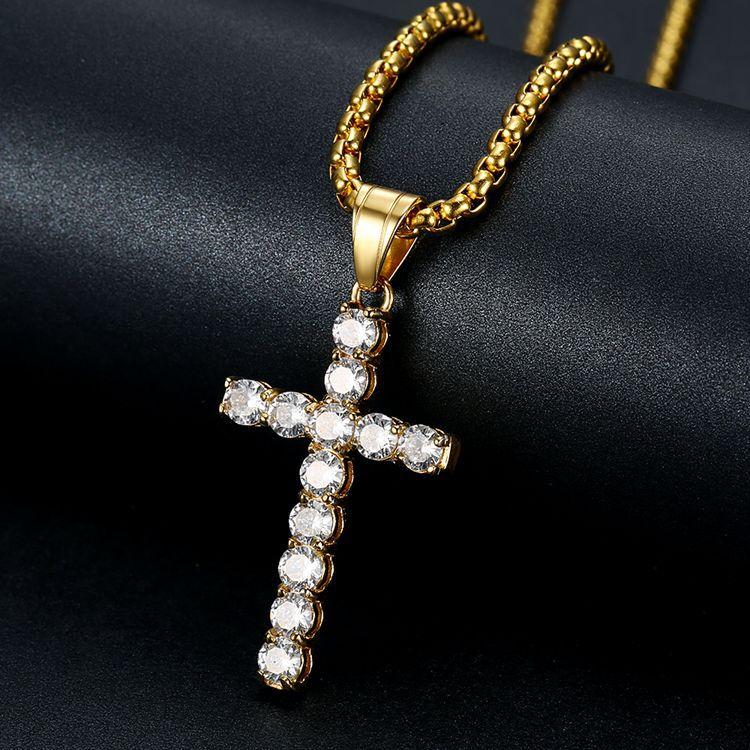 Gold Color Necklace Stainless Steel Jewelry Man Women Wedding Fashion Cross CZ Zircon Stone Pendant Necklace Christmas Gift