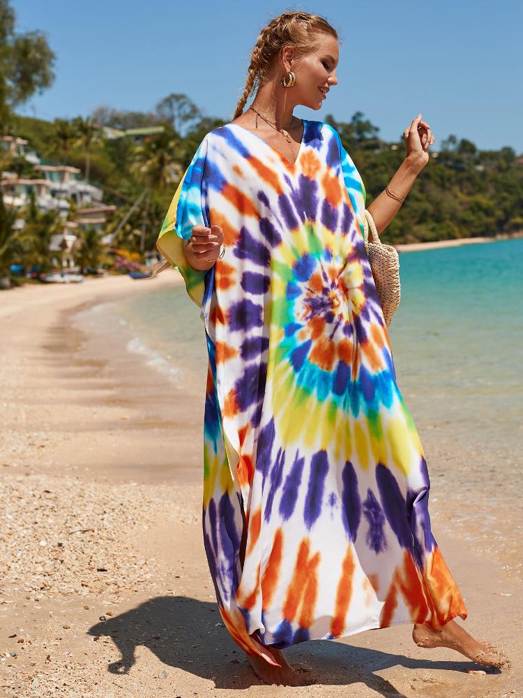 EDOLYNSA Multicolored Kaftan Bohemian Printed V-neck Batwing Sleeve Maxi Dress Women Beachwear Half Sleeve Maxi Dress Robe