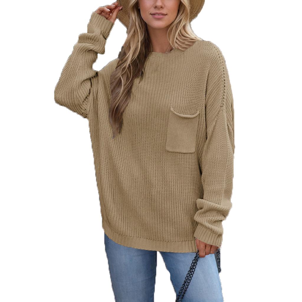 Женский повседневный модный удобный свитер с круглым вырезом, однотонный, с карманами, длинный рукав, уличный тренд, вязаный свитер