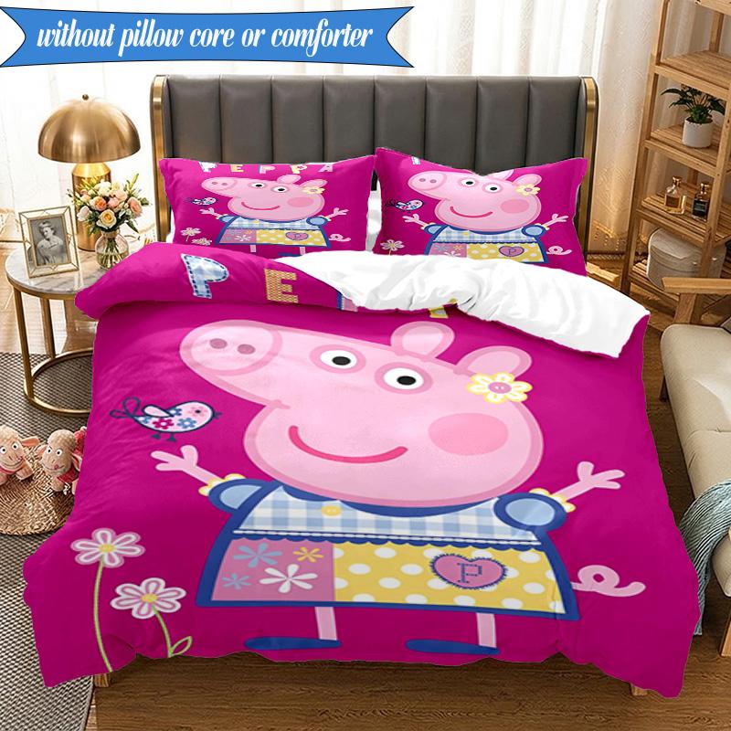 3PCS Princess Peppa Bedding Set 2D Printing (Includes 1 Duvet Cover + 2 Pillowcases Coreless), Bedroom decor,Fan gift