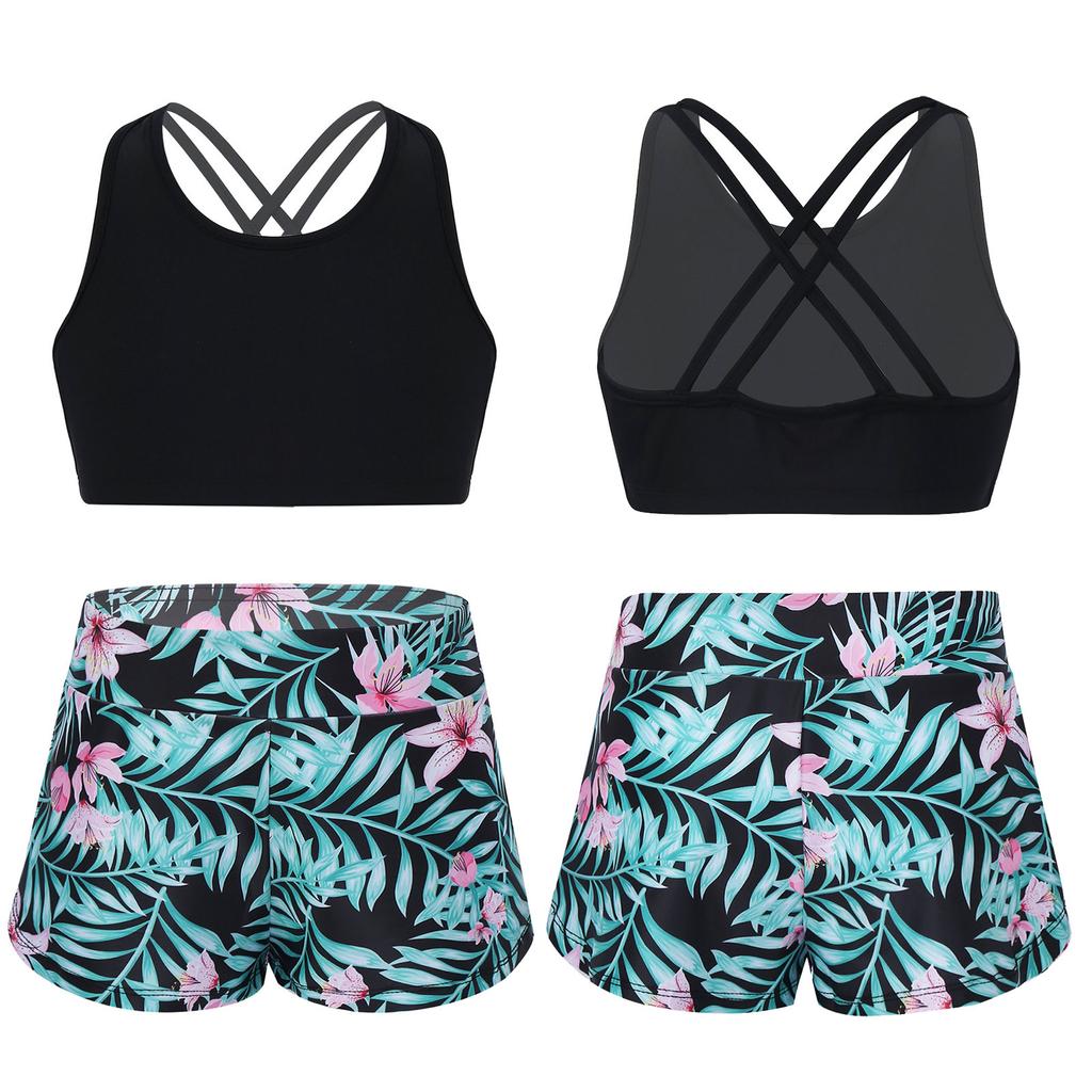 Girls 2 Piece Sport Set U Neck Spaghetti Straps Cropped Top Criss Cross Back Pink Lily Print Shorts Gym Yoga Outfit