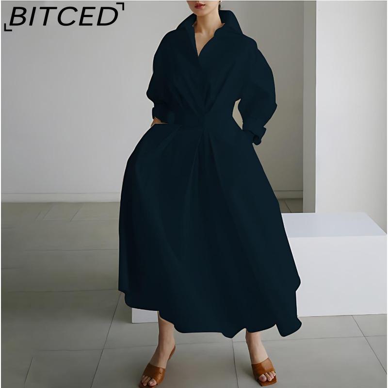 BITCED Женское платье Commuter-Chic с воротником-поло, на подкладке, с длинным рукавом, с эластичной талией, с широкой юбкой