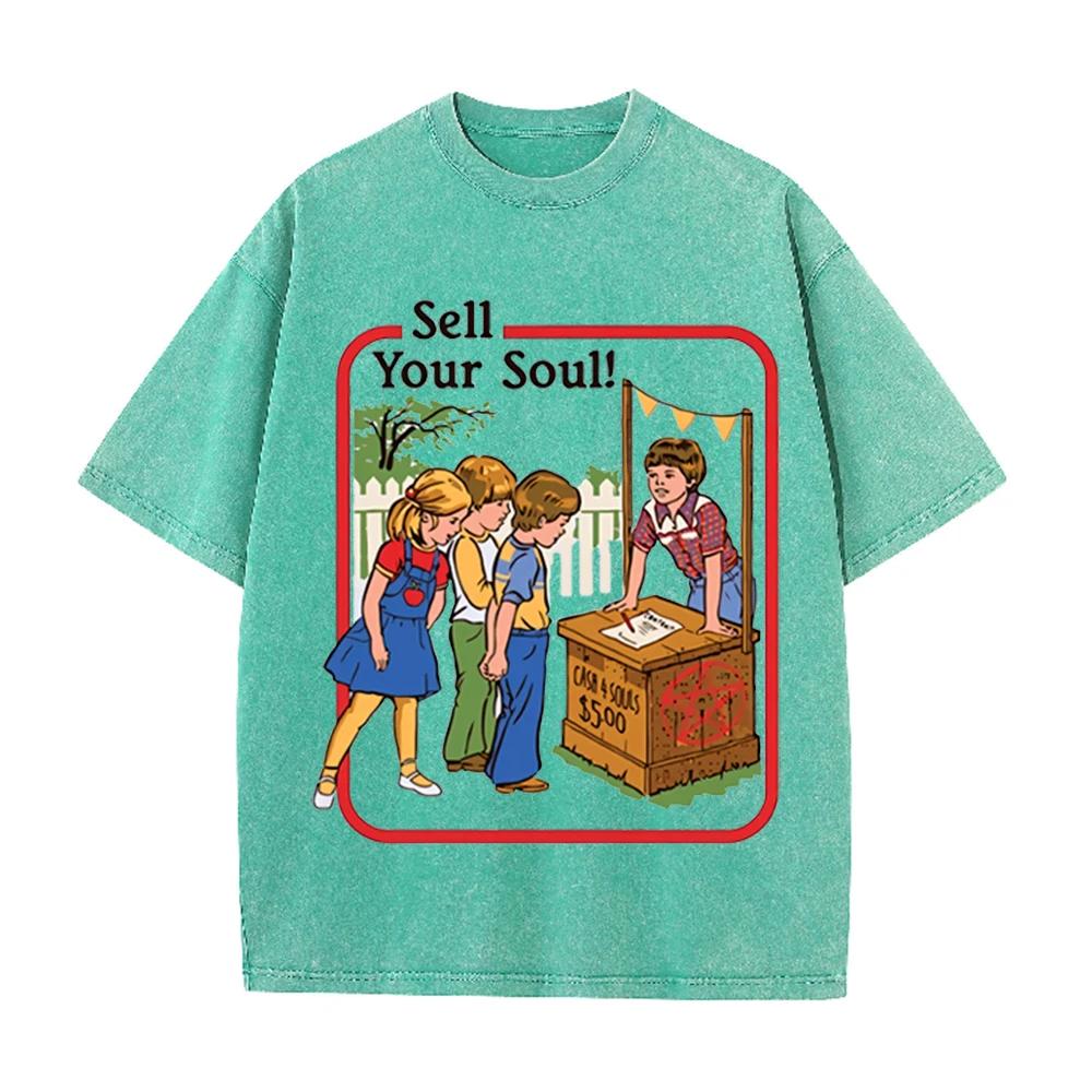 2026 Vintage Retro Kids Stall Funny Dark Humor Graphic Washed T Shirt Spooky Cartoon Casual Oversized Short Sleeve Streetwear Te