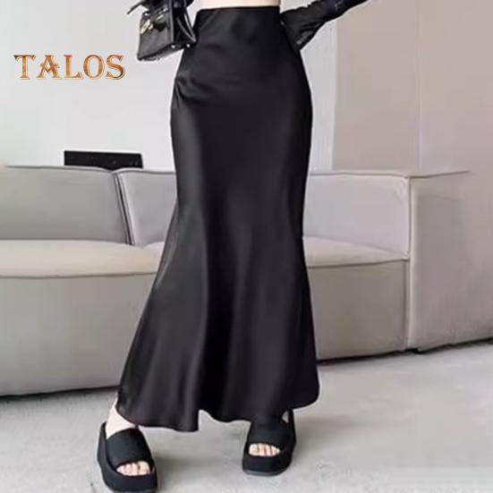 Women Fishtail Skirt High Waist Fishtail Hem Maxi Skirt Solid Color Retro Satin Texture Hip Wrapped Skirt