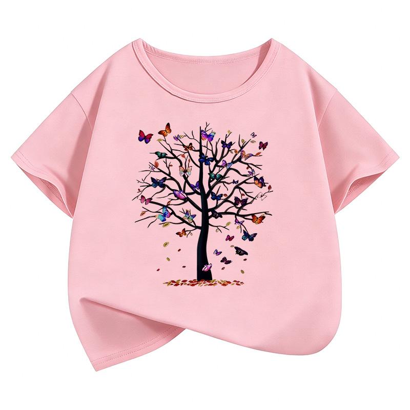 Vintage Butterfly with Tree Funny Design Kids Childrens Tshirt Short Sleeve Boys Girls Summer Spring Casual Top Tee Shirt