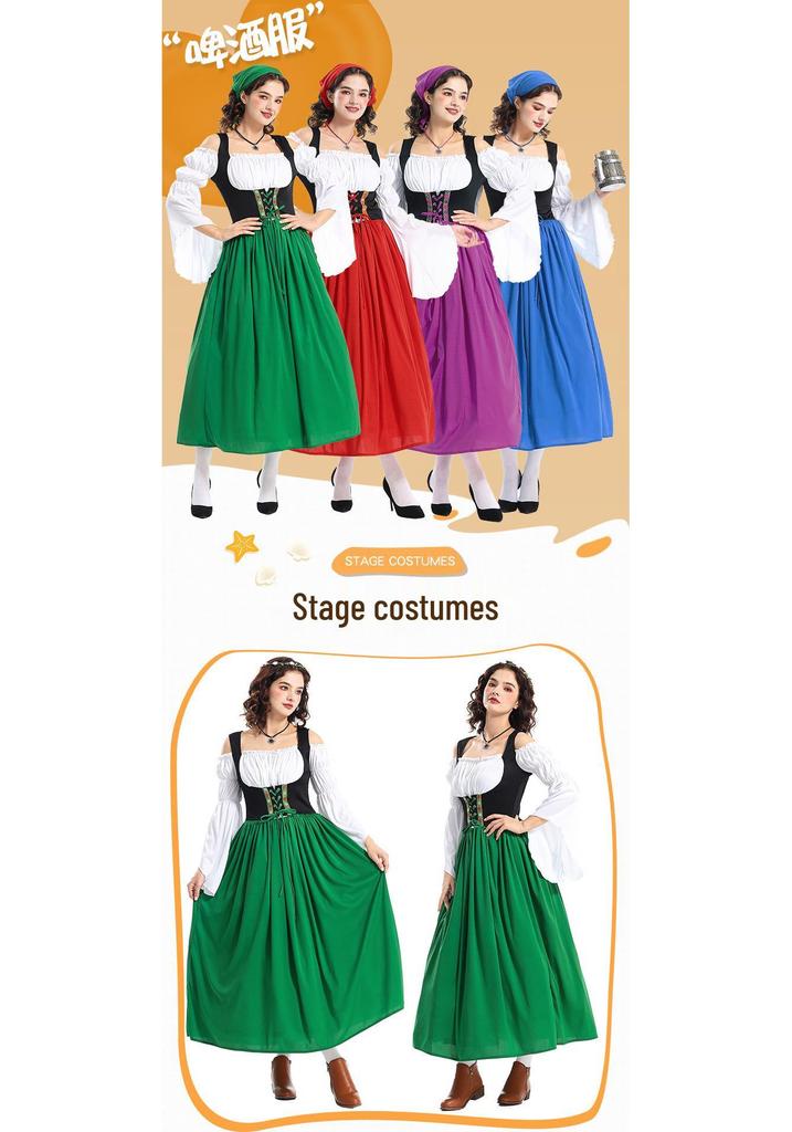 New Medieval Farm Maid Halloween Costume: Oktoberfest Long Dress for Adults and Parent-Child Performances