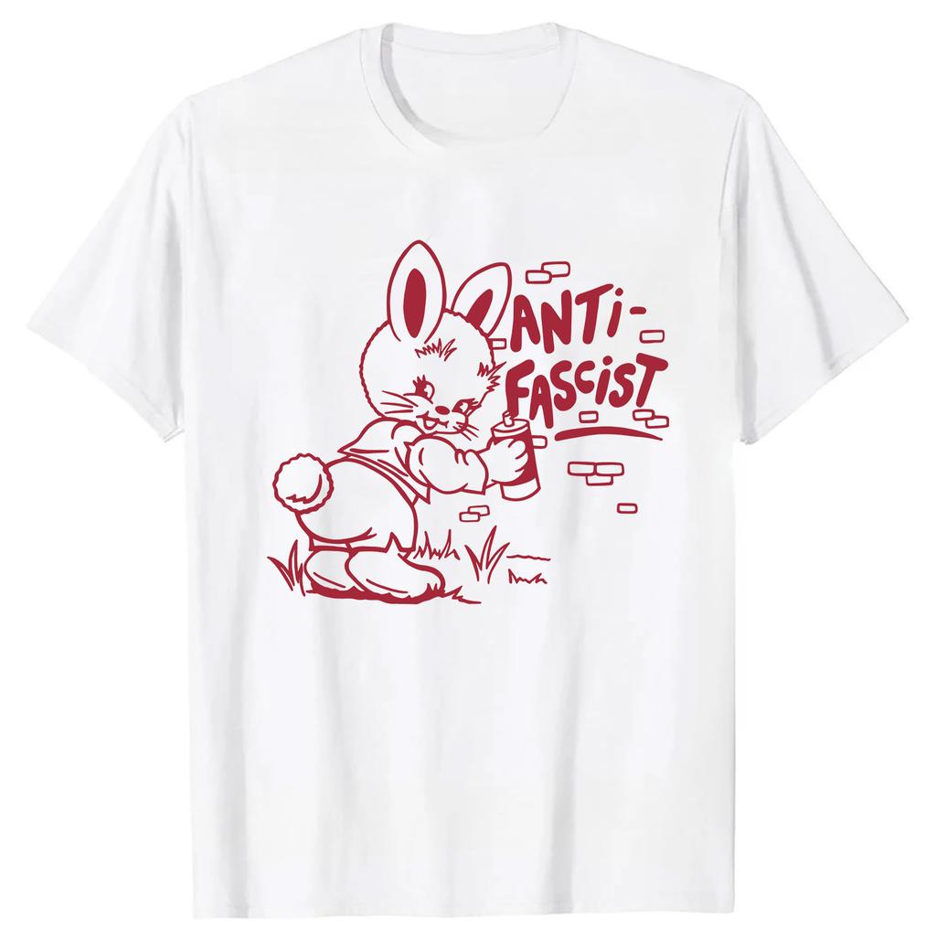 Anti Fascist Funny Rabbit Printed Unisex Graphic Tshirt Short Sleeve Cute Tees Loose Pacifist Casual Shirts Unisexs Clothing