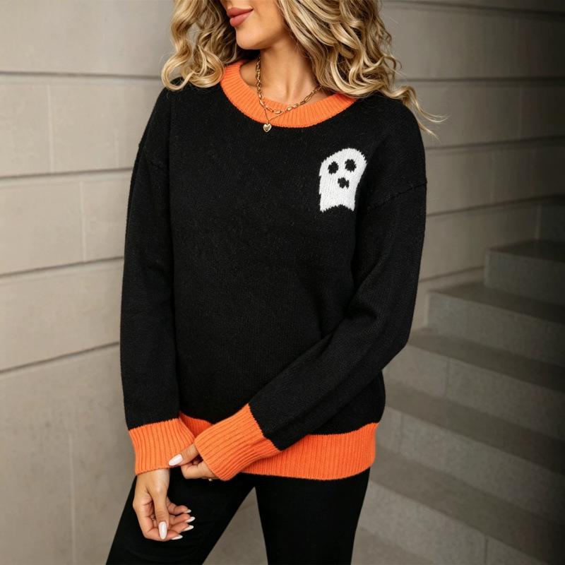 2026 Women's Plus Size Halloween Ghost Color Block Knit Pullover