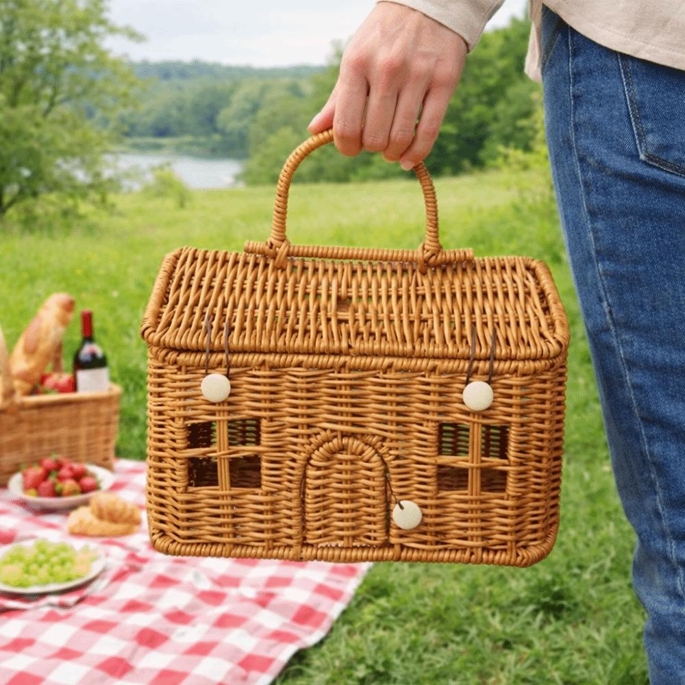 House Shaped Rattan Picnic Basket Vintage Style Imitation Rattan Woven Storage Basket With Handle Desktop Organizer