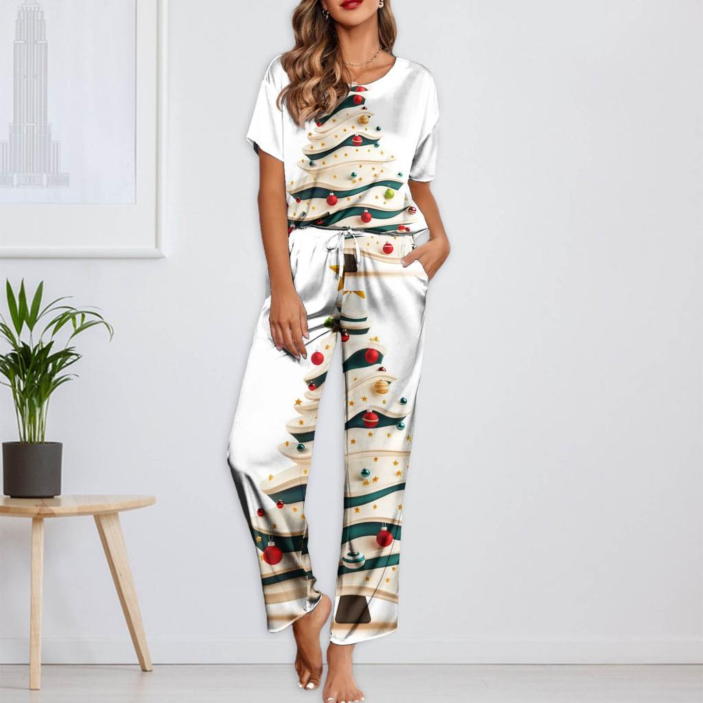 Женский шелковый атласный пижамный комплект с рождественским принтом, рубашка с коротким рукавом и длинные пижамные штаны, мягкая домашняя одежда