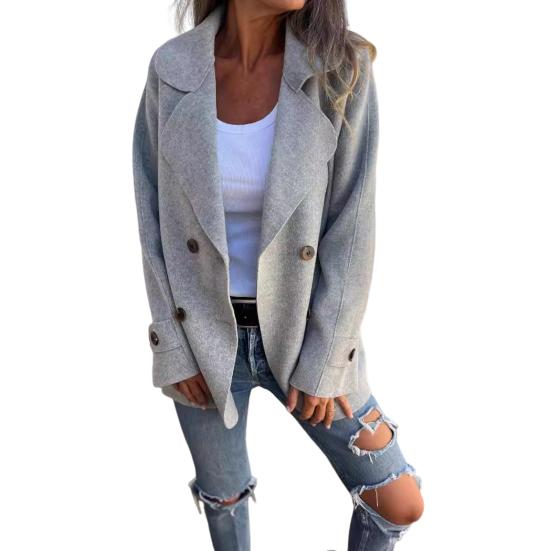 Women Winter Overcoat Turn-down Collar Solid Color Double-sided Woolen Double-breasted Loose Fit Coat Thermal Long Sleeved Commuting Dating Coat