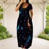 Women Plus Size Round Neck Short Sleeve Pink Purple Gold Printed Loose Long Dress With Side Pockets