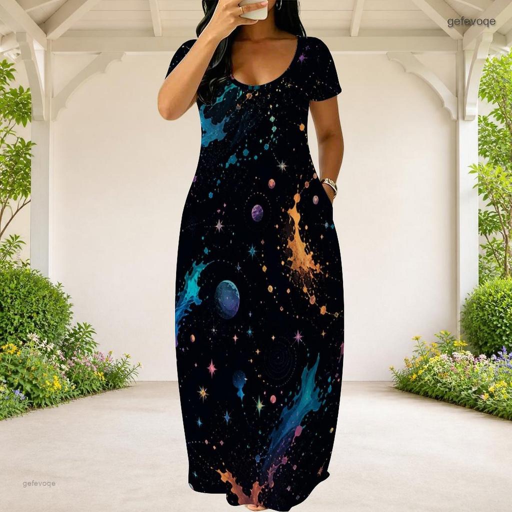 Women Plus Size Round Neck Short Sleeve Pink Purple Gold Printed Loose Long Dress With Side Pockets