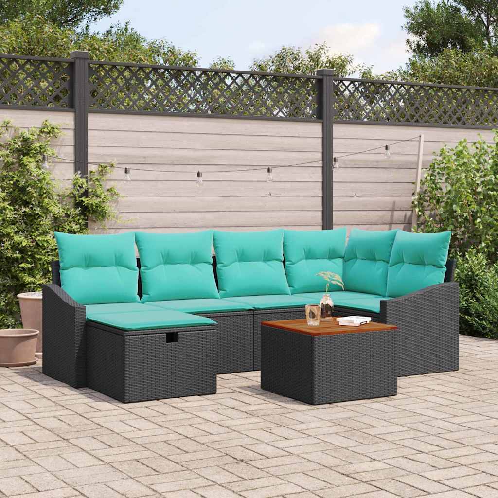 7 Piece Black Poly Rattan Garden Sofa Set with Cushions