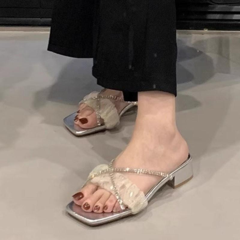 Fashion Women's Silver Rhinestone Heeled Slides 2025 Summer Glitter Sandals Comfortable Outdoor Dressy Casual Beach Shoes Fashion Trendy