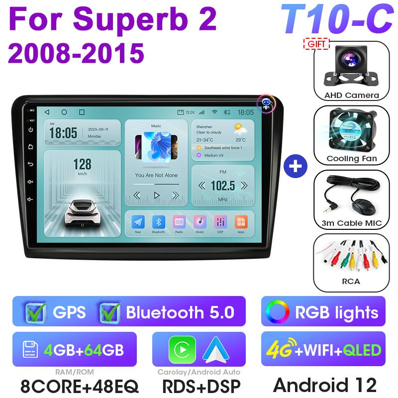 2 Din Android 12 Car Radio For Skoda Superb 2 B6 2008 - 2015 Multimedia Video Player GPS Carplay Auto Stereo RDS DVD Head Unit