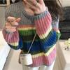 Большой вязаный Радужный свитер, женский модный полосатый контрастный пуловер с круглым вырезом, повседневный свободный милый джемпер
