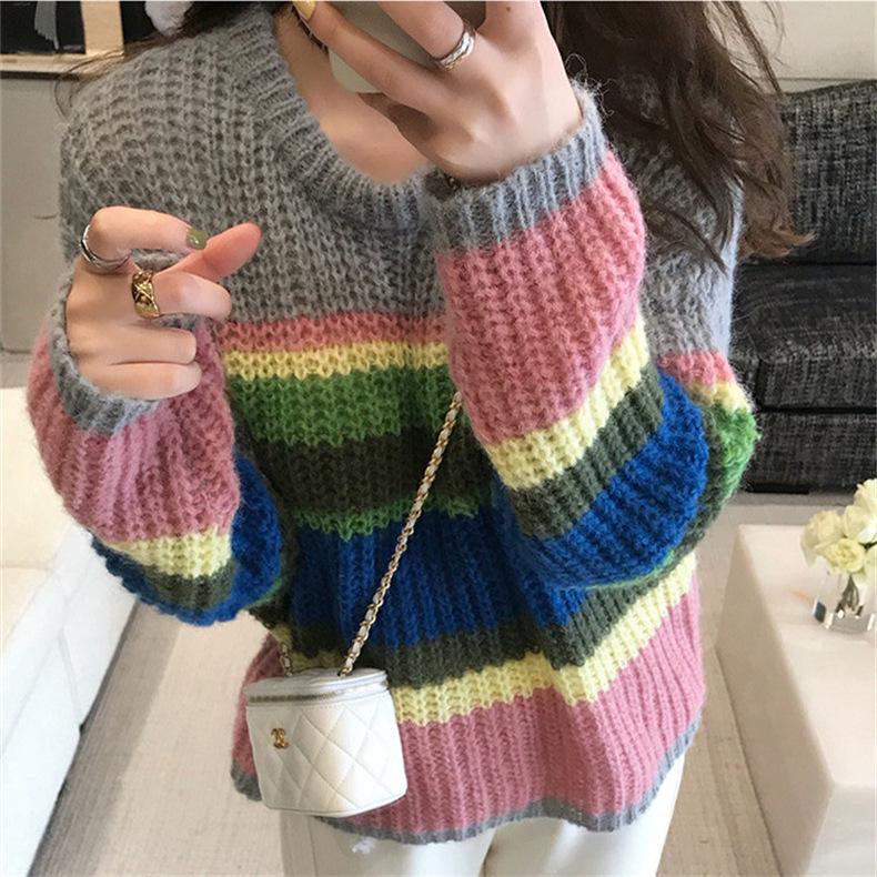 Большой вязаный Радужный свитер, женский модный полосатый контрастный пуловер с круглым вырезом, повседневный свободный милый джемпер