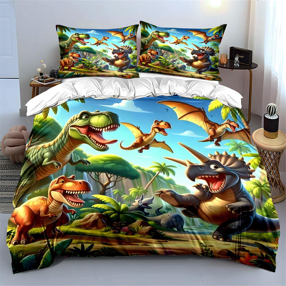 "Dinosaur Themed Kids Room Decor" Bedding Set with 1 Duvet Cover 2 Pillowcases Single Double King Queen, Gift