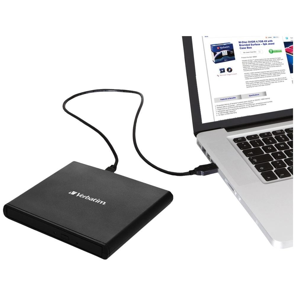 Verbatim Zewnętrzna Nagrywarka Slimline  Cd/Dvd Usb-A + Kabel Usb-A/Usb-A Do Usb-C Czarny/Black 98938