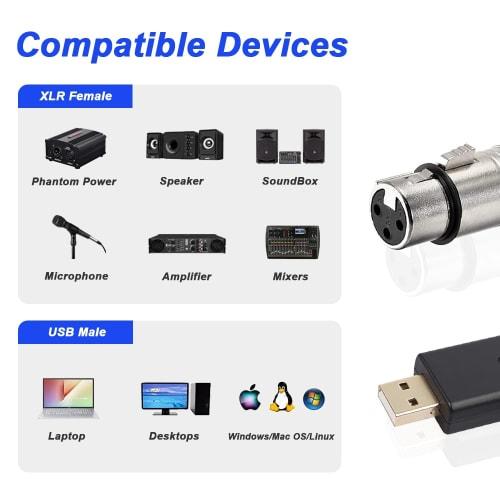 Xiatiaosann XLR USB Microphone Cable, 3-Pin XLR Female Adapter USB Adapter Converter Cord (2M/6.5FT) for Audio, Karaoke Systems, Recording, Studios, W