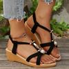 Fashion Women's Fashion Metal Decor Wedge Sandals Summer Bohemian Style Non Slip Beach Shoes Woman Elastic Band Slip On Roman Sandalias