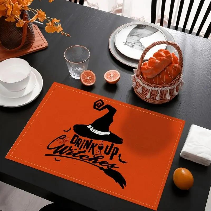 1PC Halloween Table Linen Dining Mats Coasters Orange and Black Pumpkins Non Slip Heat Resistant Kitchen Placemats