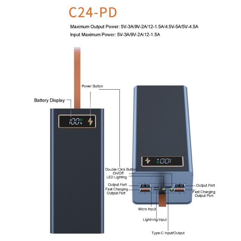 Бокс для хранения аккумуляторов 24x18650, чехол для повербанка с быстрой зарядкой PD, поддержка функций беспроводной зарядки/быстрой зарядки