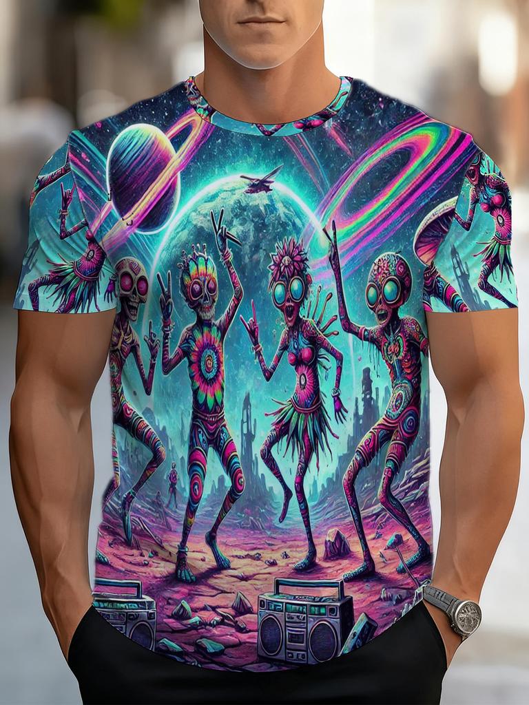 Alien Dancing Print Men's T-Shirt - Soft Breathable Tee, Trendy Planet Radio Design, TikTok Viral 2023 Summer FashionMen's Stylish Casual Round-Neck
