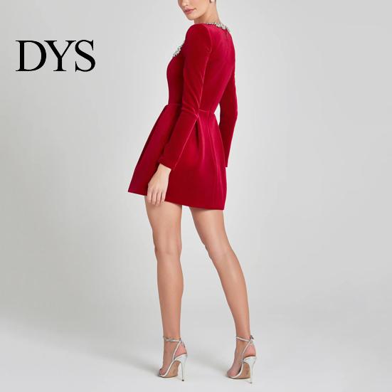 Long Sleeve Mini Dress Women Square Collar Beaded Flower Decor Formal Short High Waist Above Knee Length